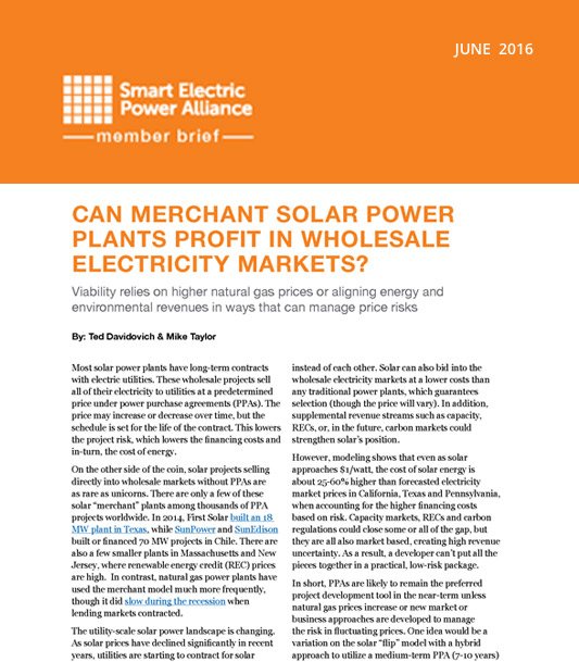 Member Brief: Can Merchant Solar Power Plants Profit in Wholesale Electricity Markets? (June 2016)