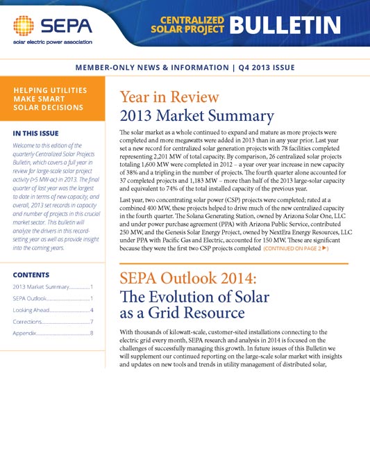 Centralized Solar Projects Update Bulletin – 2013 Year in Review
