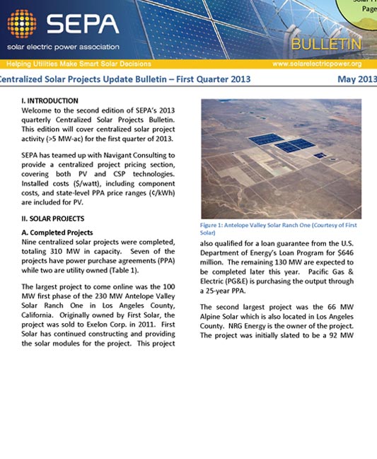 Centralized Solar Projects Update Bulletin – First Quarter 2013