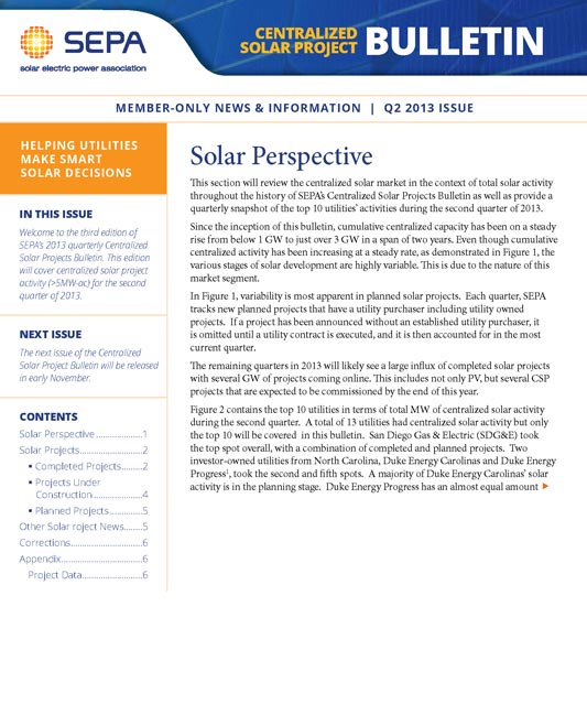 Centralized Solar Projects Update Bulletin – Second Quarter 2013