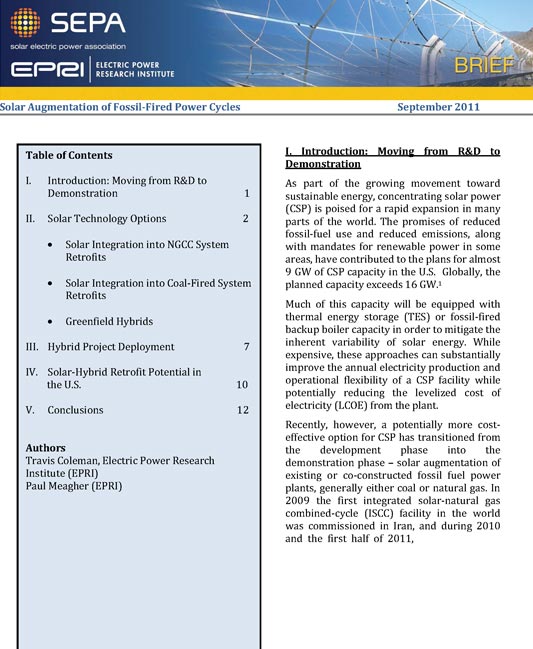 SEPA/EPRI Brief – Solar Augmentation of Fossil-Fired Power Cycles