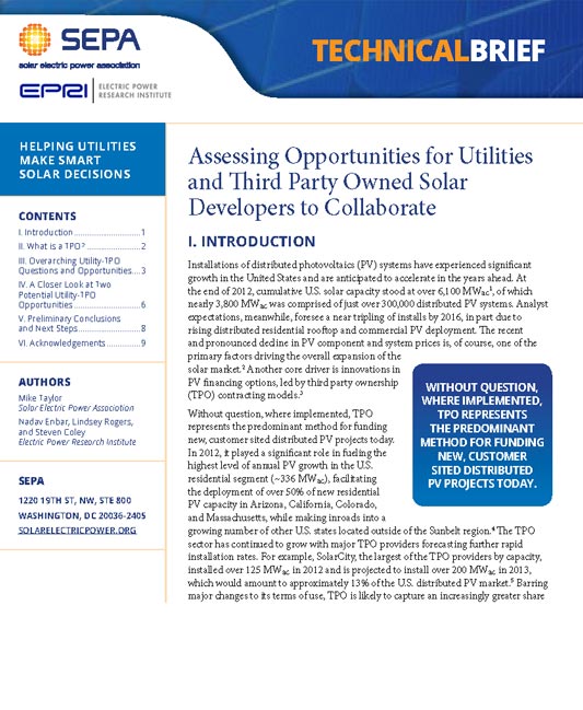 Technical Brief: Assessing Opportunities for Utilities and Third Party Owned Solar Developers