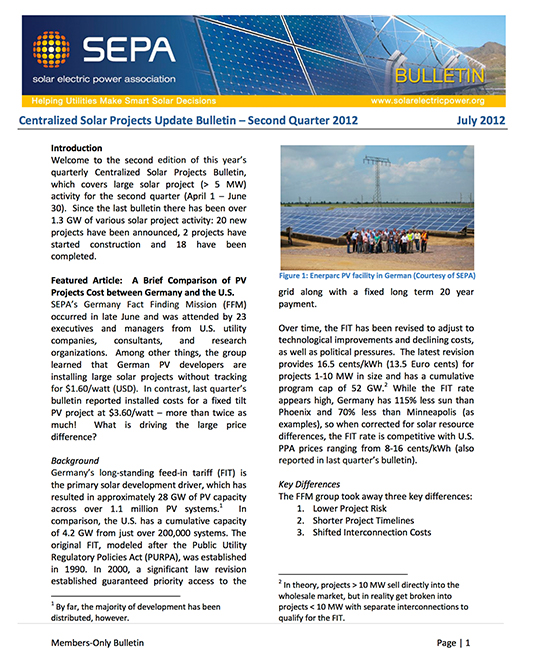 Centralized Solar Projects Update Bulletin – Second Quarter 2012