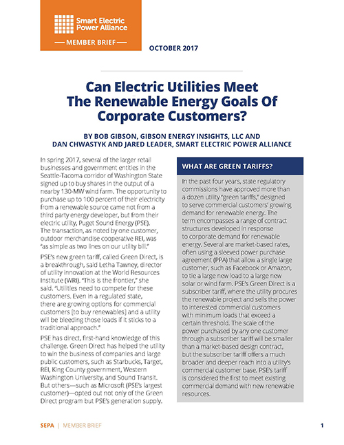 October Member Brief: Can Electric Utilities Meet The Renewable Energy Goals Of Corporate Customers?