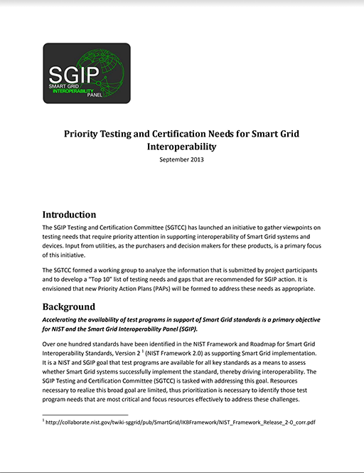 Priority Testing and Certification Needs for Smart Grid Interoperability