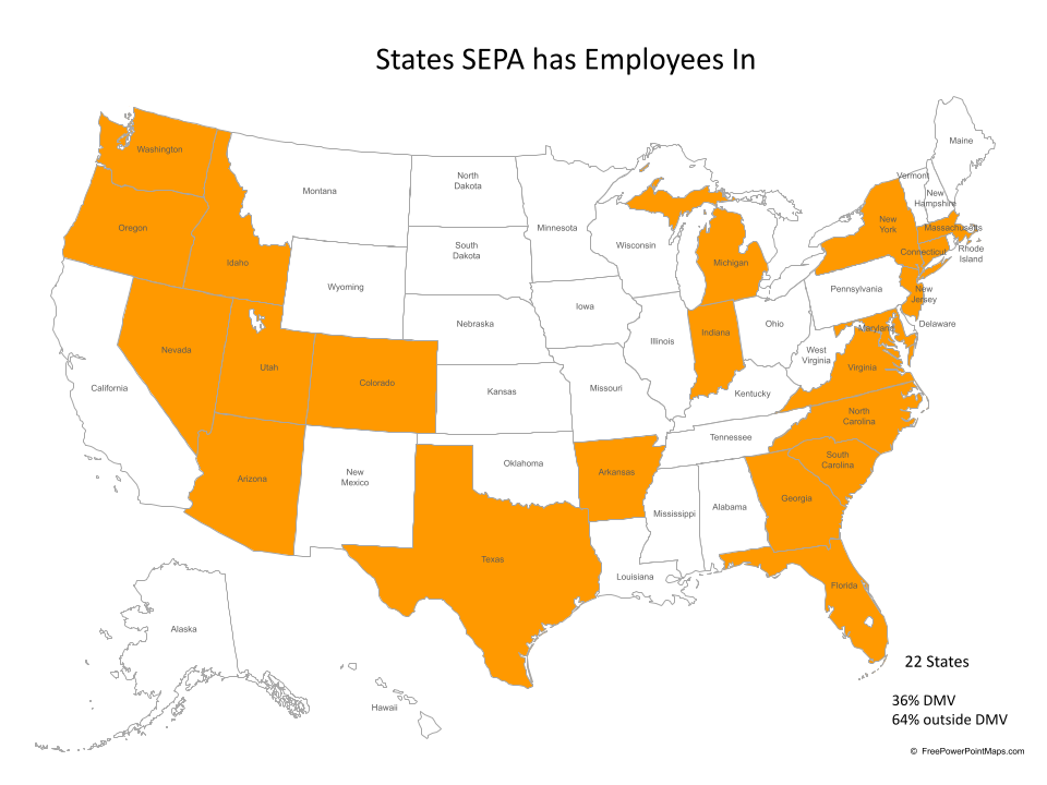 Map of the United States with the states where SEPA employees live highlighted.