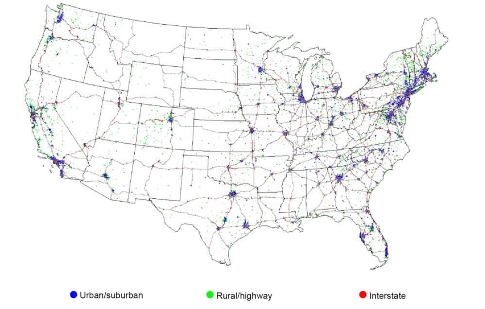 U.S. map of ev charging stations across the country by area