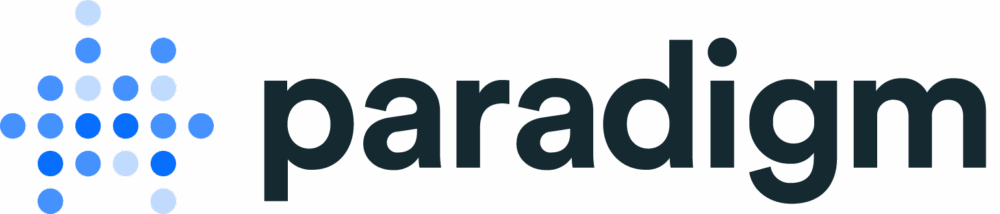 Paradigm logo featuring a stylized triangle composed of blue gradient dots pointing upward, followed by the word 'paradigm' in bold, dark sans-serif font.