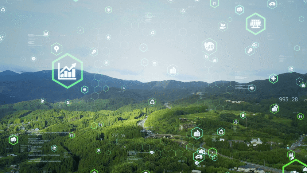 Tech Icons hovering over large forest of green tree tops