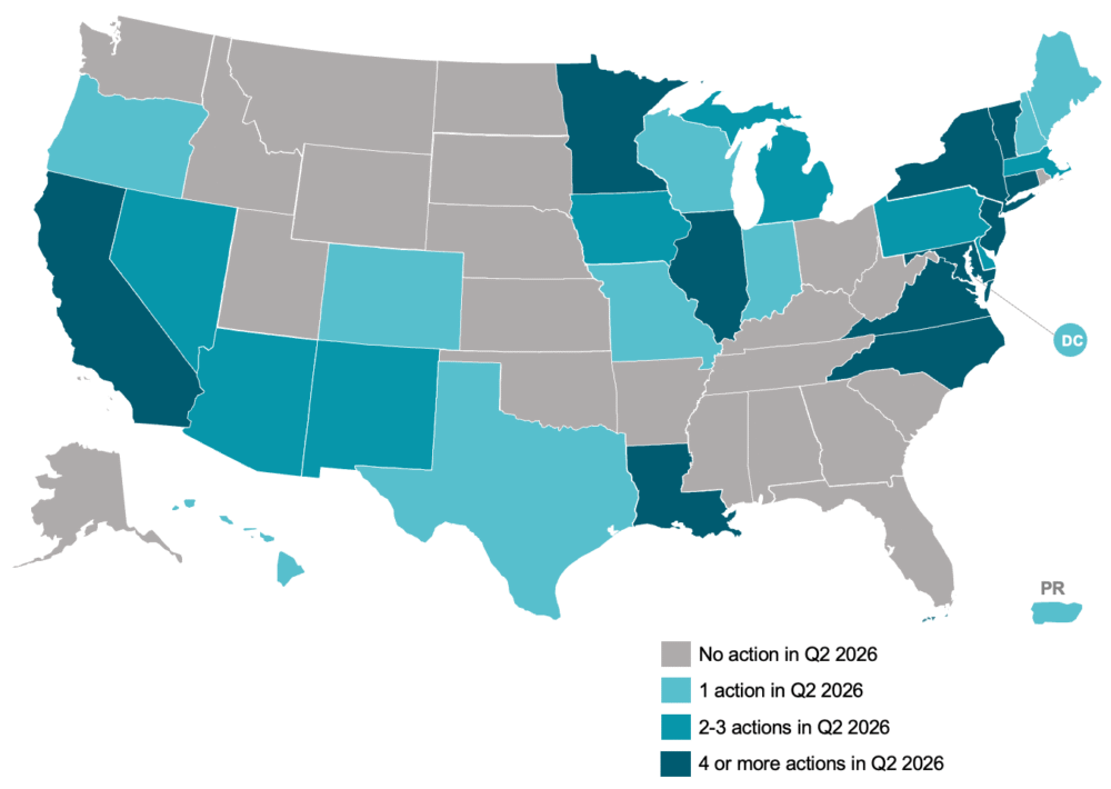 Map of the U.S showing State and Utility Actions Addressing VPPs and Supporting DERs, Q2 2026