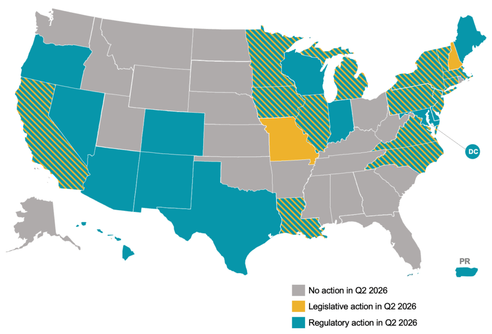 Map of the U.S showing Legislative and Regulatory Actions Addressing VPPs and Supporting DERs, Q2 2026
